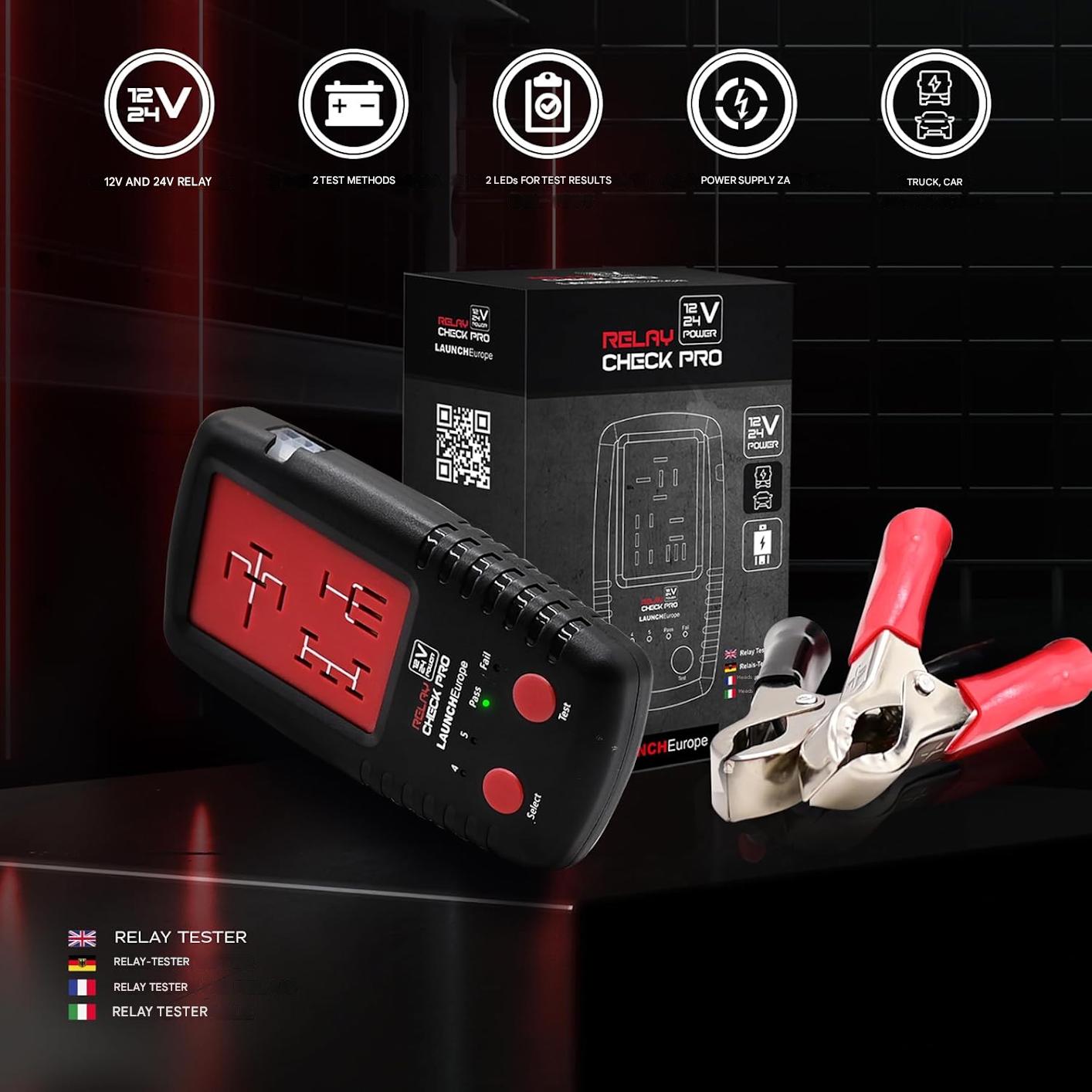 Tester relee auto LAUNCH Europe RelayCheck Pro 12V/24V, detectare automata pini 4/5, test sarcina contact, diagnostic LED cu coduri eroare, pentru masini si camioane, cu geanta transport