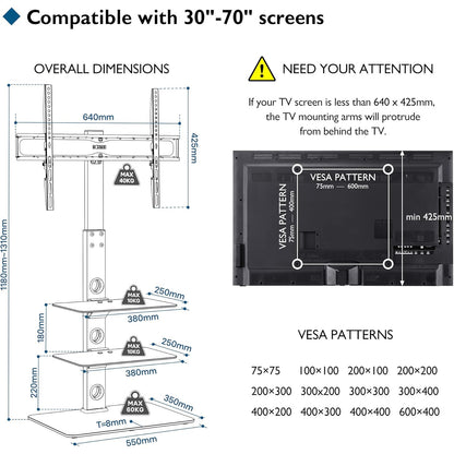 Suport TV, stand pentru televizor 30-70 inch plat si curbat, VESA 600 x 400 mm, greutate suportata 40 kg, inaltime reglabila, brat pivotant, rafturi din sticla, negru