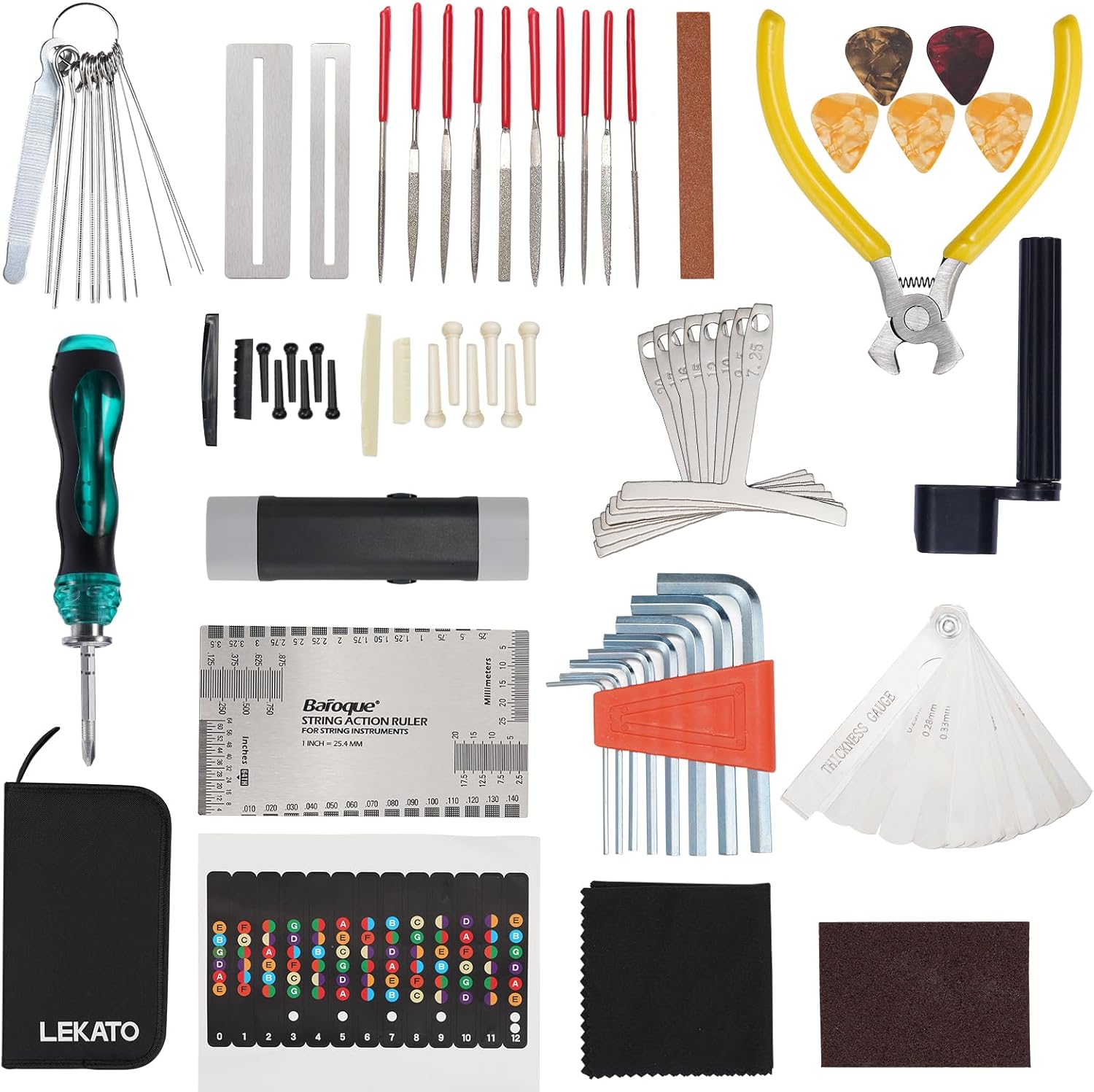 Kit reparatii chitara, 72 piese cu chei inbus, cleste, infasuratori de corzi, pile, surubelnita si accesorii pentru chitara acustica, Ukulele, Bas, Mandolina, Banjo