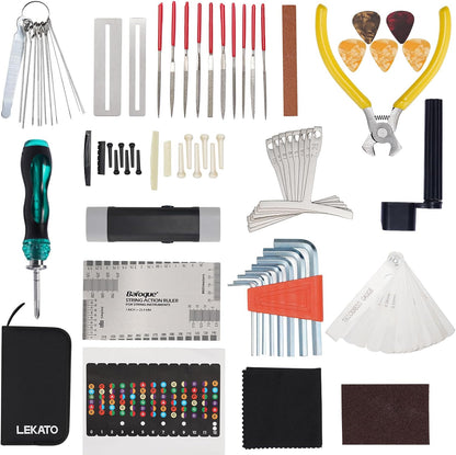 Kit reparatii chitara, 72 piese cu chei inbus, cleste, infasuratori de corzi, pile, surubelnita si accesorii pentru chitara acustica, Ukulele, Bas, Mandolina, Banjo