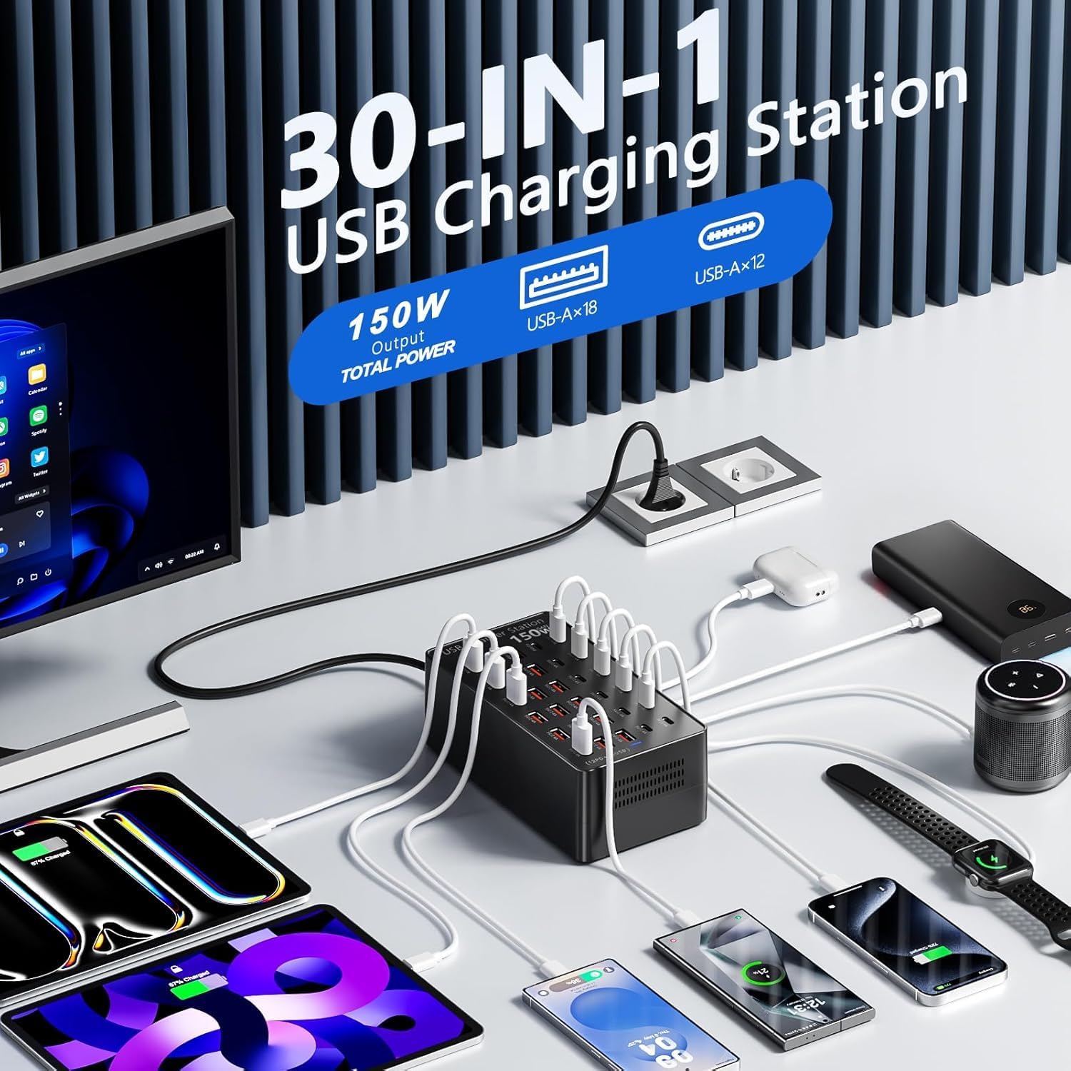 Statie de incarcare USB 150W, 30 porturi 12x USB-C + 18x USB-A, PD 30W si QC 18W, tehnologie GaN, incarcare simultana pentru telefoane, tablete, casti si smartwatch, cablu alimentare 1.5m, negru