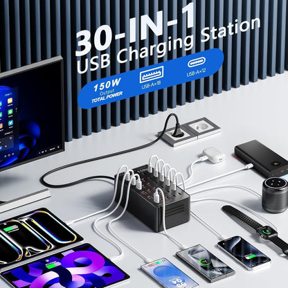 Statie de incarcare USB 150W, 30 porturi 12x USB-C + 18x USB-A, PD 30W si QC 18W, tehnologie GaN, incarcare simultana pentru telefoane, tablete, casti si smartwatch, cablu alimentare 1.5m, negru