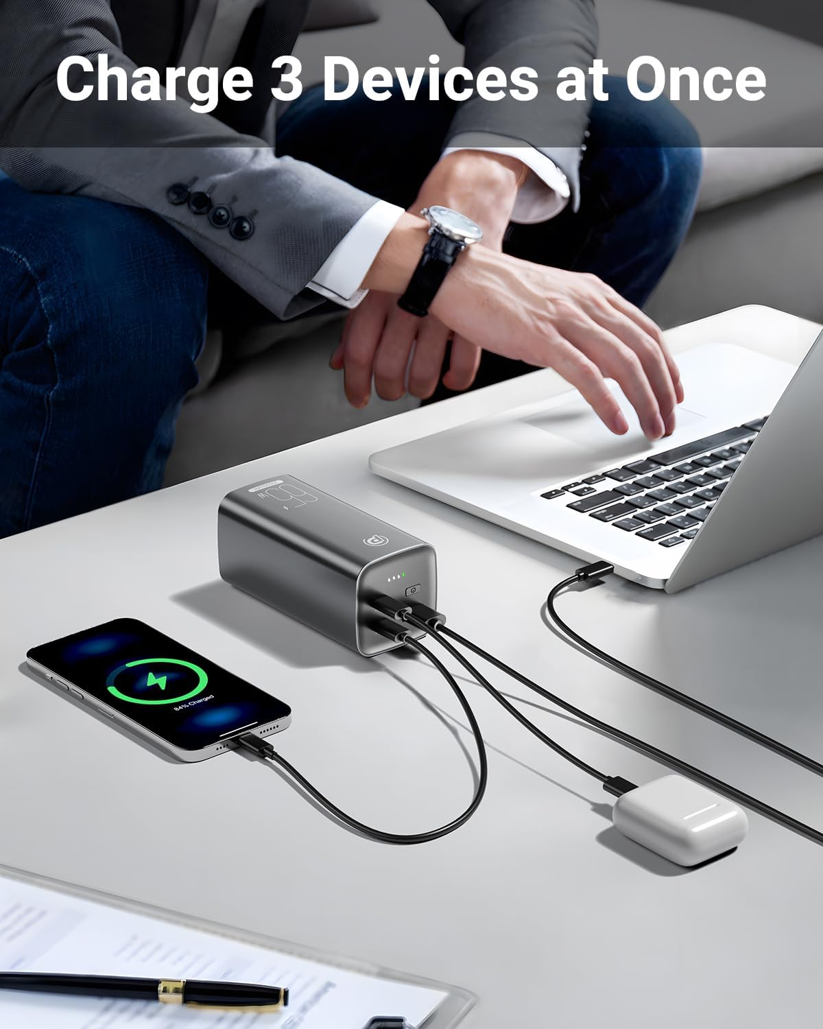 Baterie externa, powerbank 20000 mAh cu incarcare rapida PD 65W, 2 porturi USB-C si 1 port USB-A, pentru laptop, tableta, iPhone, Samsung