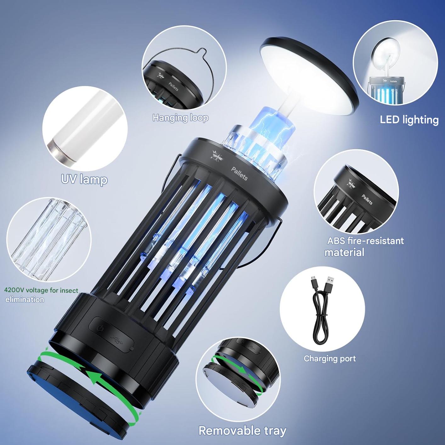 Lampa insecticid electric PALONE 4500V, baterie 4000 mAh, UV 365 nm, USB-C, extensibila cu LED reglabil, capcana anti-tantari 360°, utilizare interior si exterior, fara substante chimice