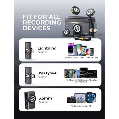 Set microfon lavaliera cu 2 microfoane mini si 3 receptoare, HiFi 48 kHz/24 bit, functie reducere zgomot, distanta transmisie 300 m, utilizare pana la 40 ore, pentru camera, iPhone, Android, PC