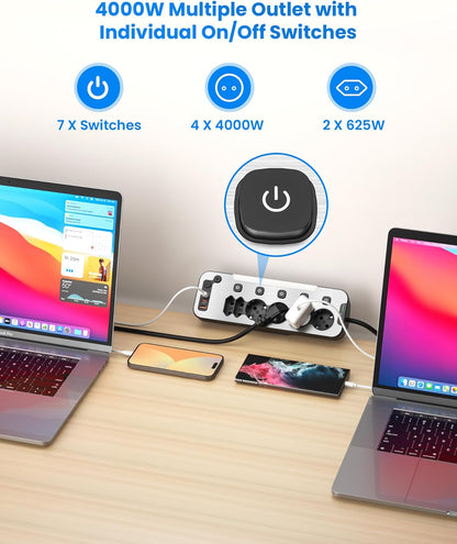 Prelungitor pentru perete/colt cu 6 prize cu intrerupator, 2 x USB-C cu incarcare PD 20W, 1 x USB-A QC 18W, lumina de noapte, cu prindere pentru birou si cablu de 2 m