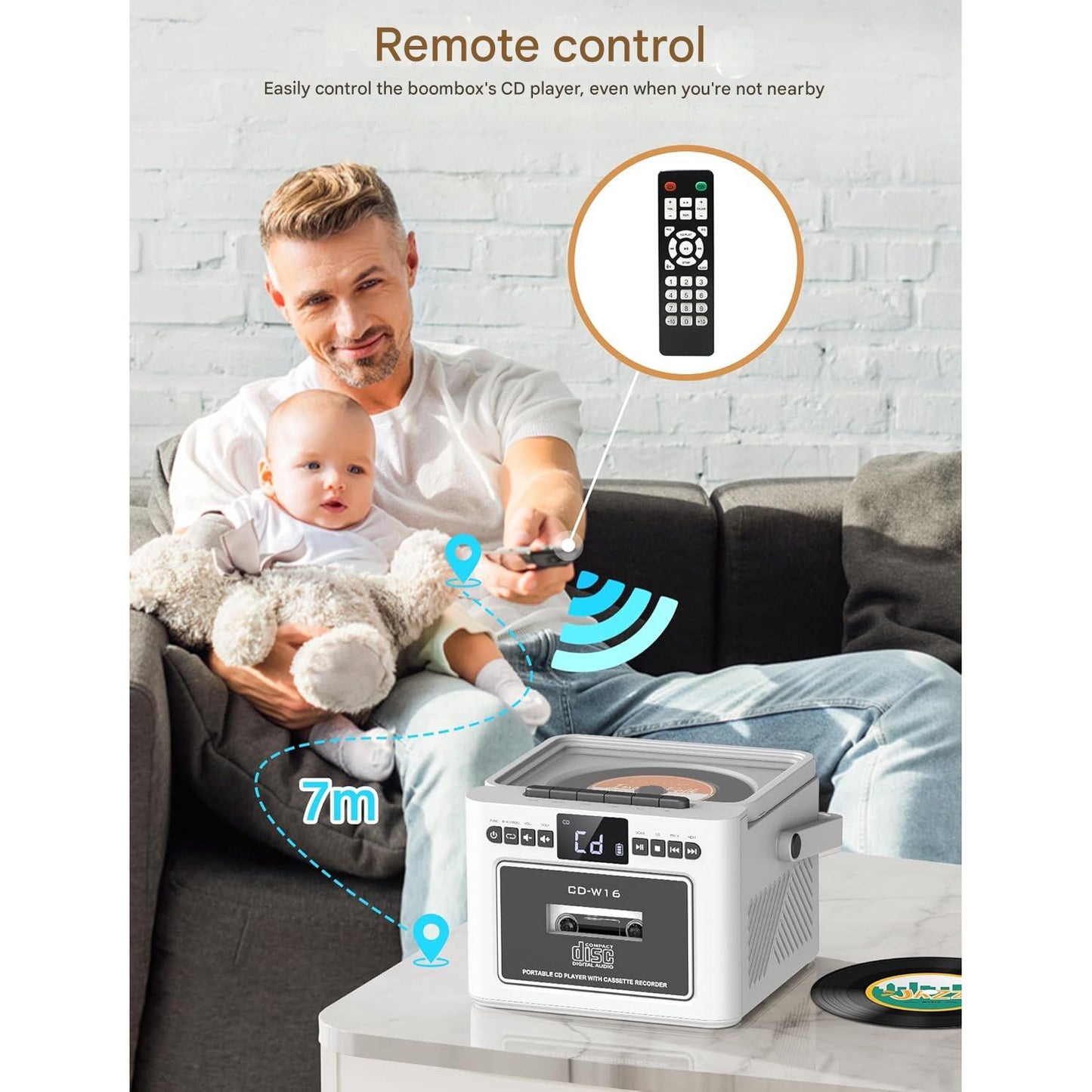 Radio cu casetofon si player CD, baterie reincarcabila 5000 mAh, afisaj LED, telecomanda si maner portabil, difuzoare duble, redare USB/AUX/MP3/Card TF, iesire Jack casti 3, 5 mm, sistem audio multifunctional, alb