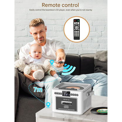 Radio cu casetofon si player CD, baterie reincarcabila 5000 mAh, afisaj LED, telecomanda si maner portabil, difuzoare duble, redare USB/AUX/MP3/Card TF, iesire Jack casti 3, 5 mm, sistem audio multifunctional, alb