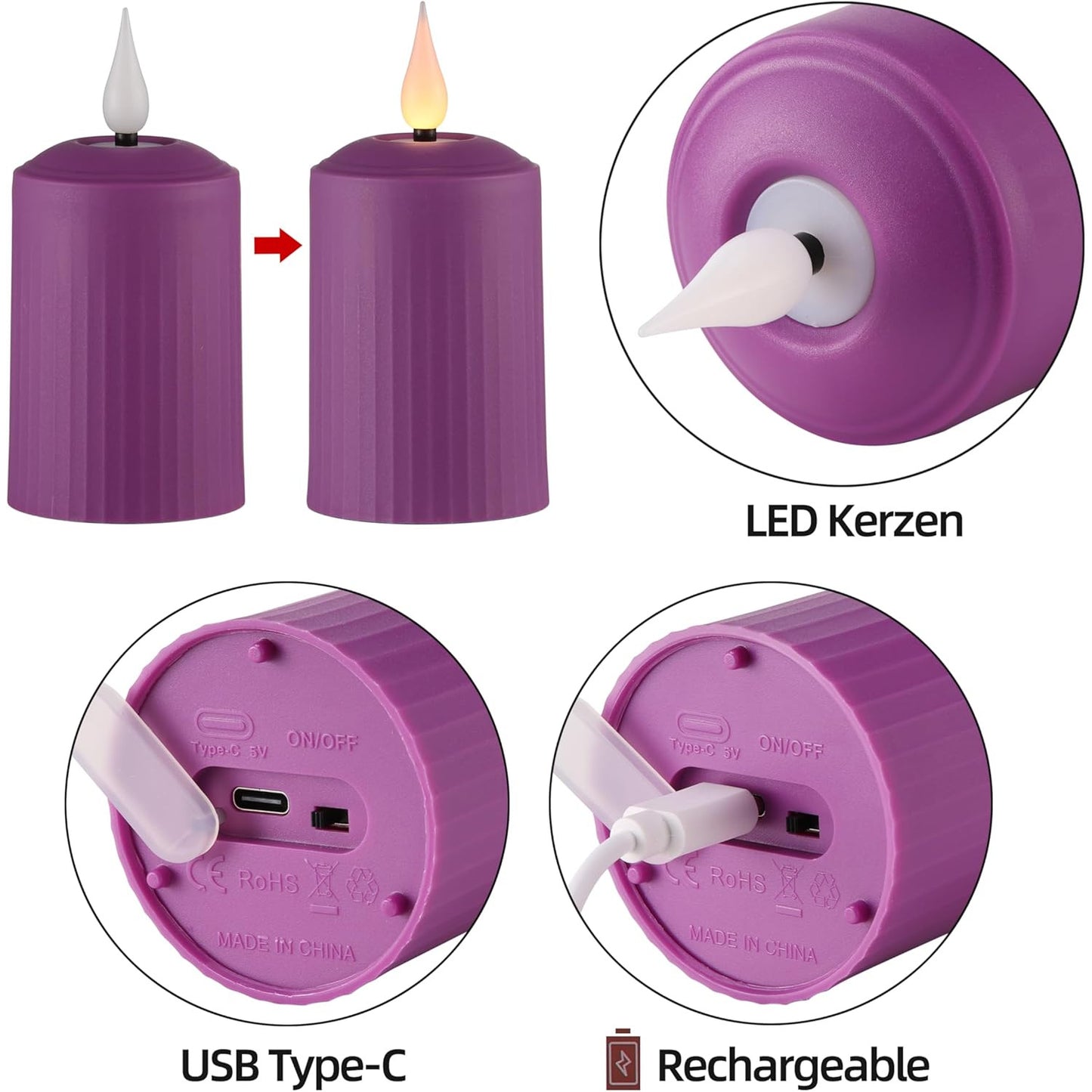 Set 6 lumanari LED reincarcabile, cu telecomanda, efect de flacara, temporizator, intensitate reglabila pe 5 niveluri, pentru Halloween, Craciun, nunta, petrecere, violet