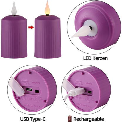 Set 6 lumanari LED reincarcabile, cu telecomanda, efect de flacara, temporizator, intensitate reglabila pe 5 niveluri, pentru Halloween, Craciun, nunta, petrecere, violet