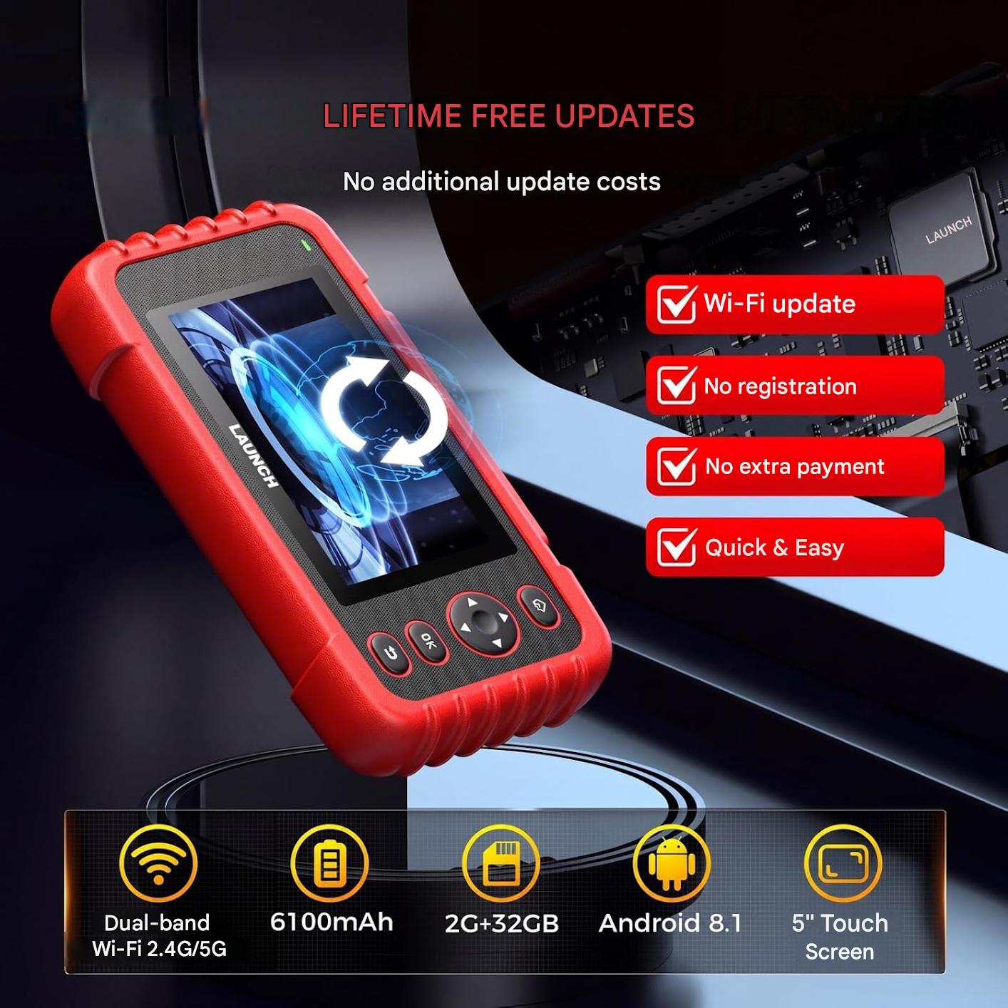 Tester diagnostic auto LAUNCH CRP123X Elite V3.0, scanner OBD2 profesional, Android 8.1, ecran tactil 5 inch, diagnosticare 4 sisteme ECU, 7 functii resetare service, EPB, DPF, BMS, SAS, ulei, citire VIN, WiFi