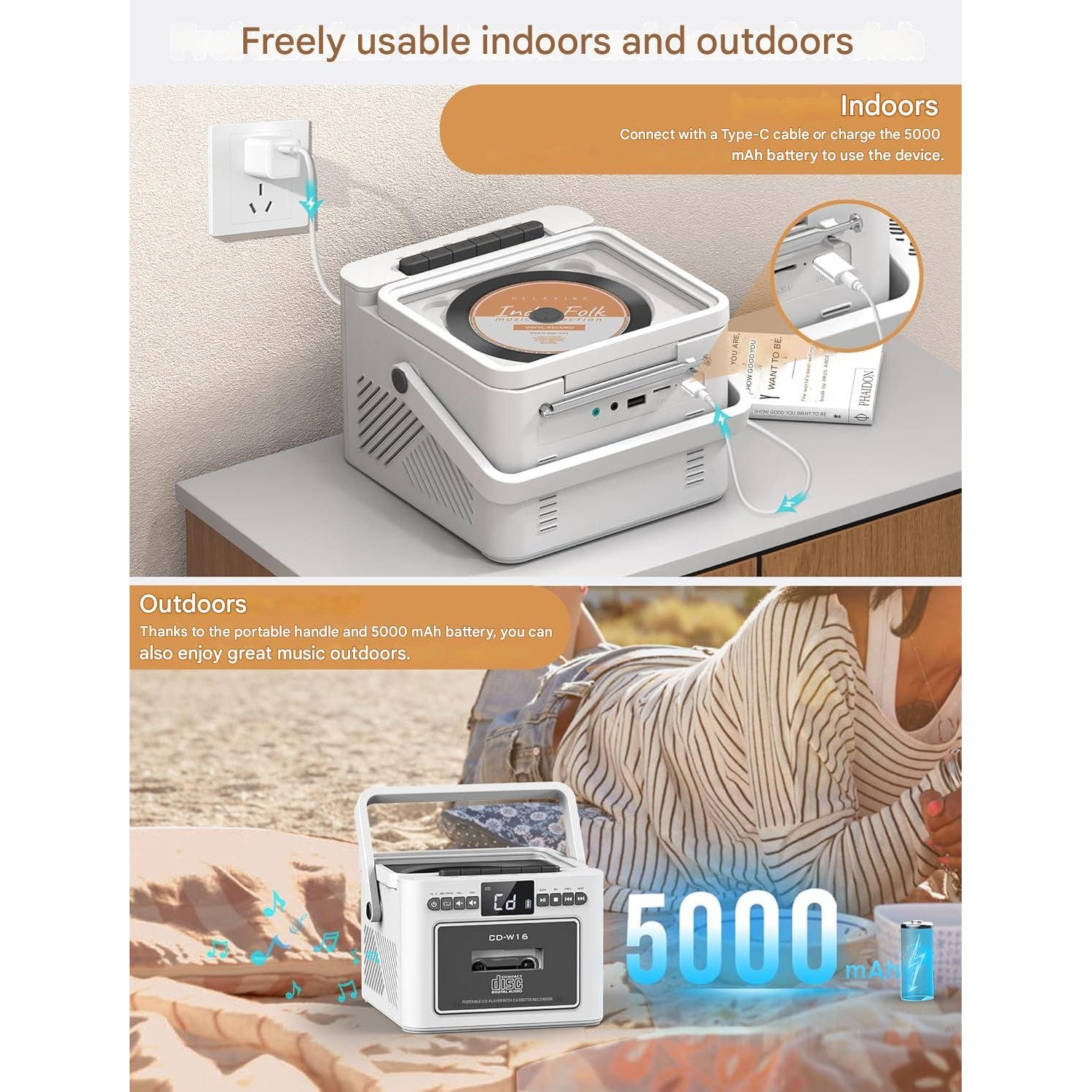 Radio cu casetofon si player CD, baterie reincarcabila 5000 mAh, afisaj LED, telecomanda si maner portabil, difuzoare duble, redare USB/AUX/MP3/Card TF, iesire Jack casti 3, 5 mm, sistem audio multifunctional, alb