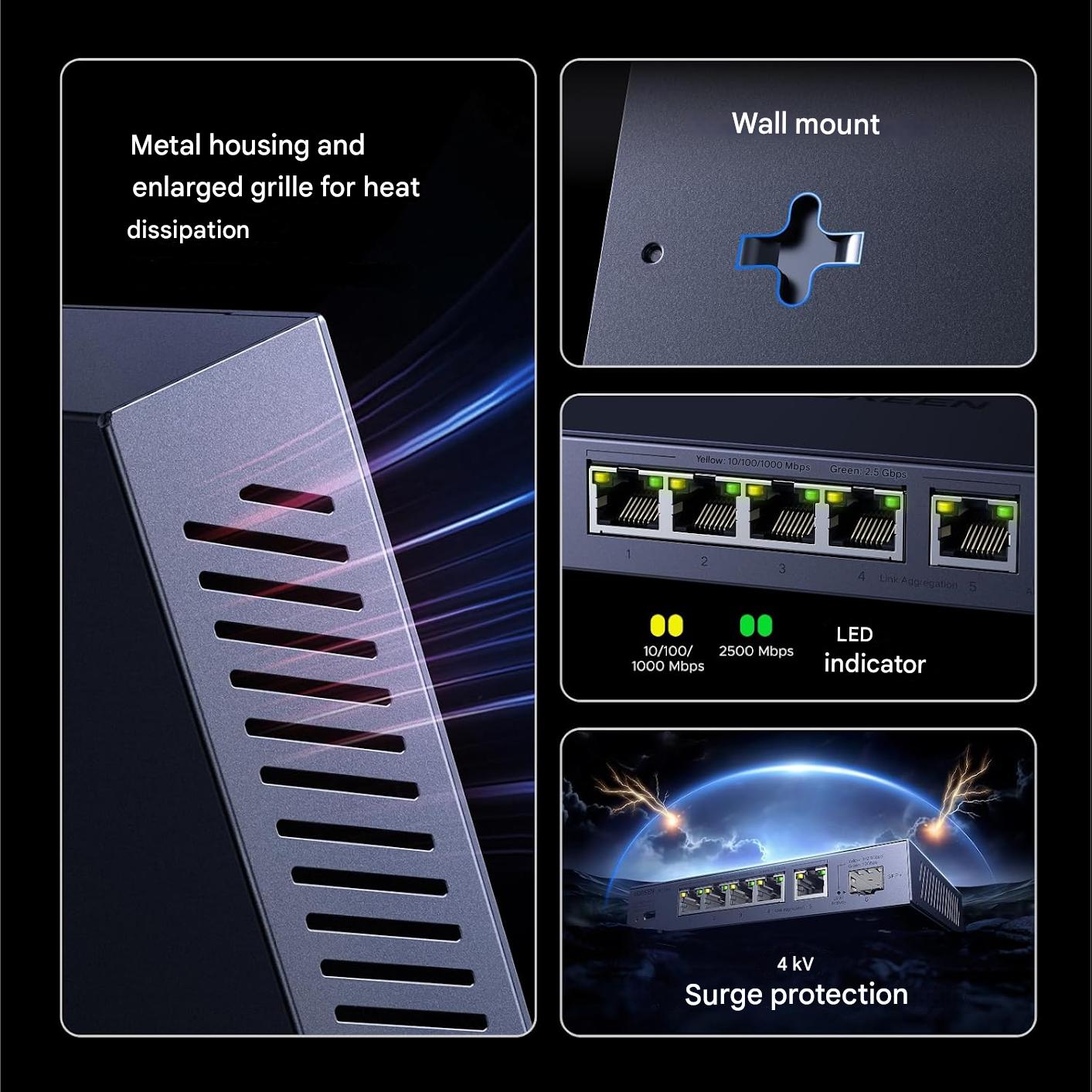 Switch LAN UGREEN 2.5 G cu 5 porturi 2.5G + 1 port SFP+ 10G, neadministrat, pentru PC, NAS, server, WiFi 6, transfer rapid date, carcasa metalica, montare desktop sau perete