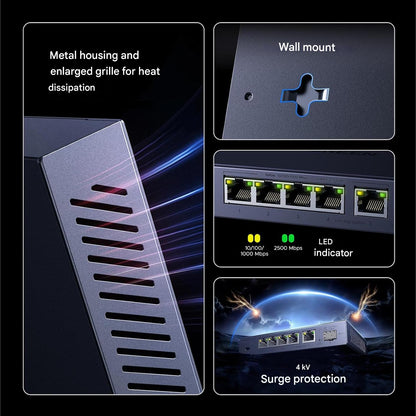 Switch LAN UGREEN 2.5 G cu 5 porturi 2.5G + 1 port SFP+ 10G, neadministrat, pentru PC, NAS, server, WiFi 6, transfer rapid date, carcasa metalica, montare desktop sau perete