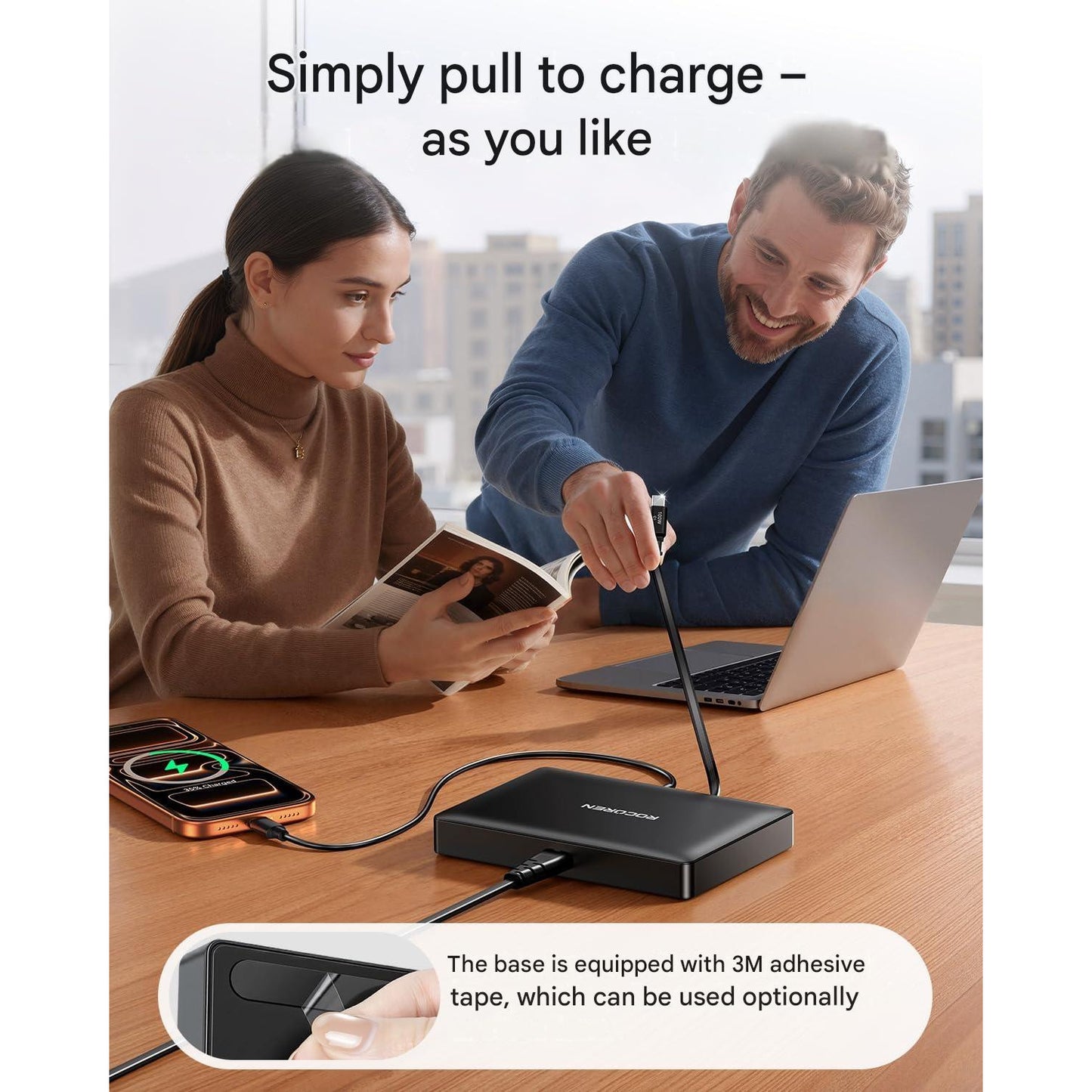 Statie de Incarcare multi-dispozitiv Rocoren 8 in 1 GaN 100W PD, cablu USB-C retractabil integrat 80 cm, incarcare rapida PD 3.0 / QC 4.0 / PPS, compatibil iPhone 17/16/15, MacBook, Samsung Galaxy, Pixel, laptopuri si tablete