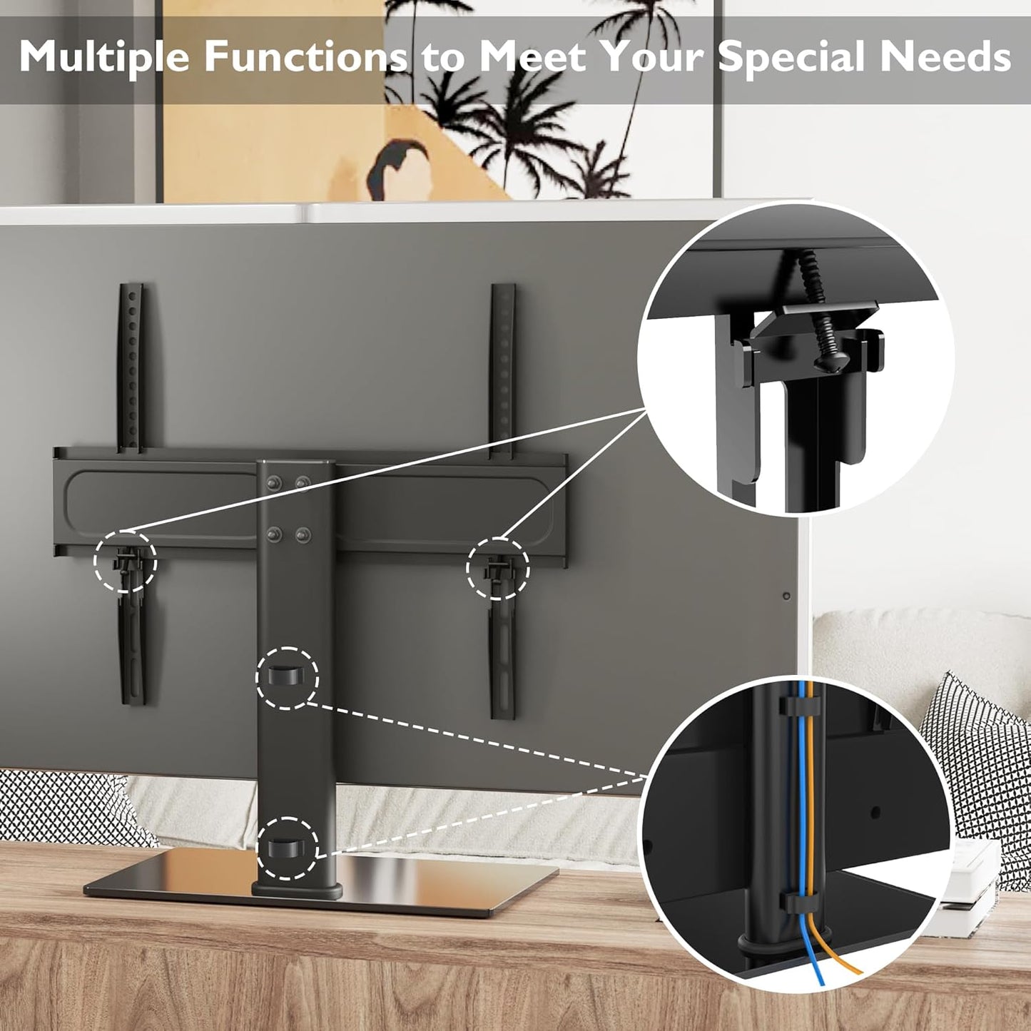 Suport TV cu stand de masa, pentru televizor 26-55 inch, suporta greutate pana la 40 kg, baza 400 x 260 mm din sticla, inaltime ajustabila, prinderi din otel, multifunctional