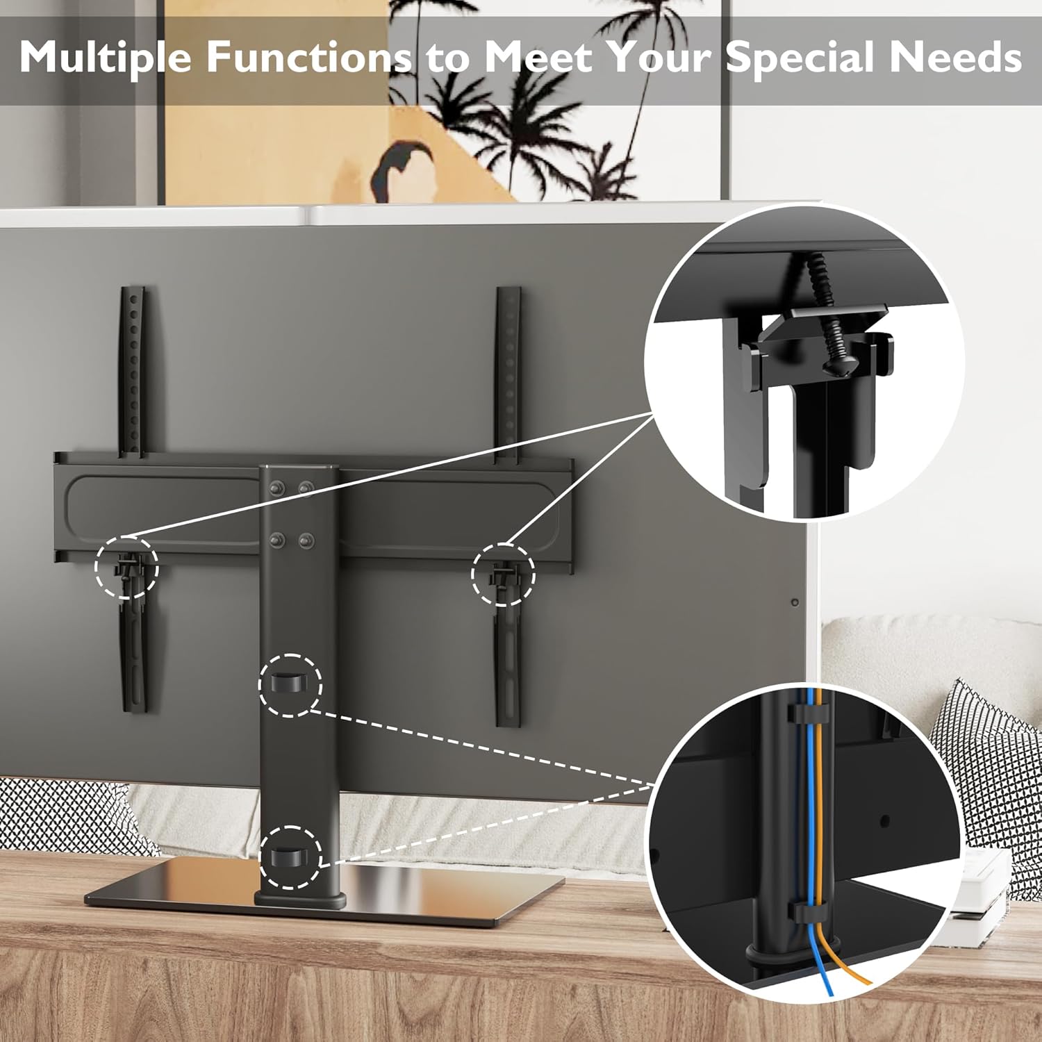 Suport TV cu stand de masa, pentru televizor 26-55 inch, suporta greutate pana la 40 kg, baza 400 x 260 mm din sticla, inaltime ajustabila, prinderi din otel, multifunctional