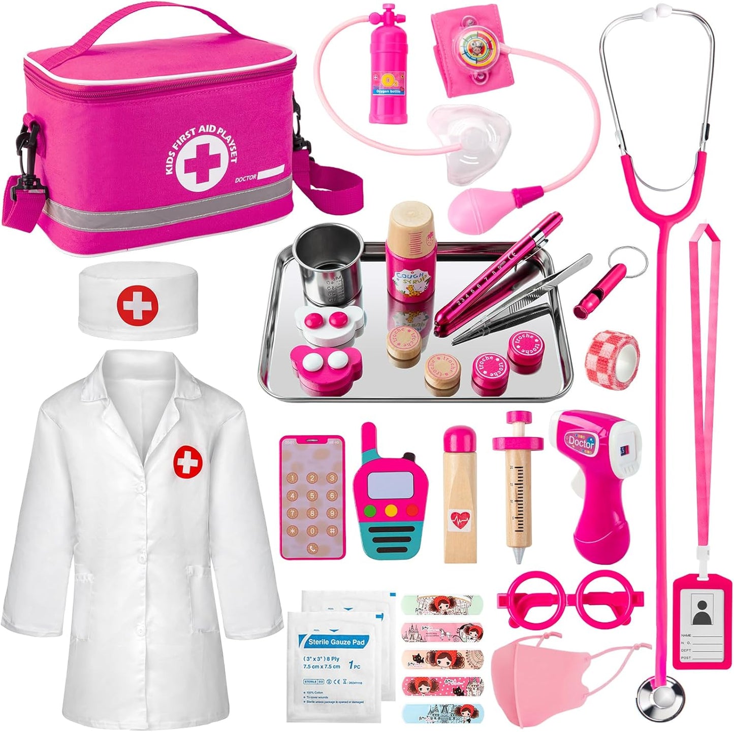 Joc de rol, set trusa de doctor pentru copii cu stetoscop functional, halat, termometru, ochelari, masca, tensiometru si accesorii, roz