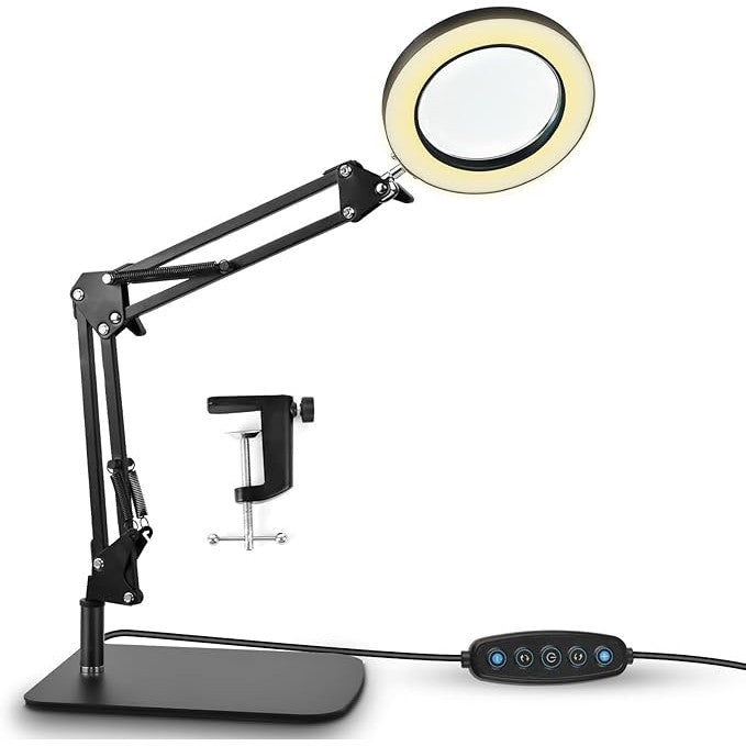 Lampa cosmetica LED cu brat si lupa, marire 10X, rotativa la 360°, 12, 6 W, 1800 lumeni, reglabila, 5 moduri si 10 intensitati iluminare, dimabila, 2 in 1 cu baza si clema, pentru machiaj, tatuaje, bijuterii, electronica