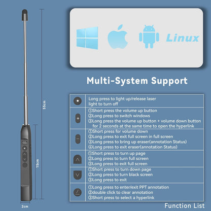 Presenter wireless, laser de prezentare cu pointer extensibil 45 cm, scriere pe ecran tactil, reincarcabil, functie timer cu vibratie, lumina rosie reglabila pe 3 niveluri, compatibil Windows, Mac, Linux, Android