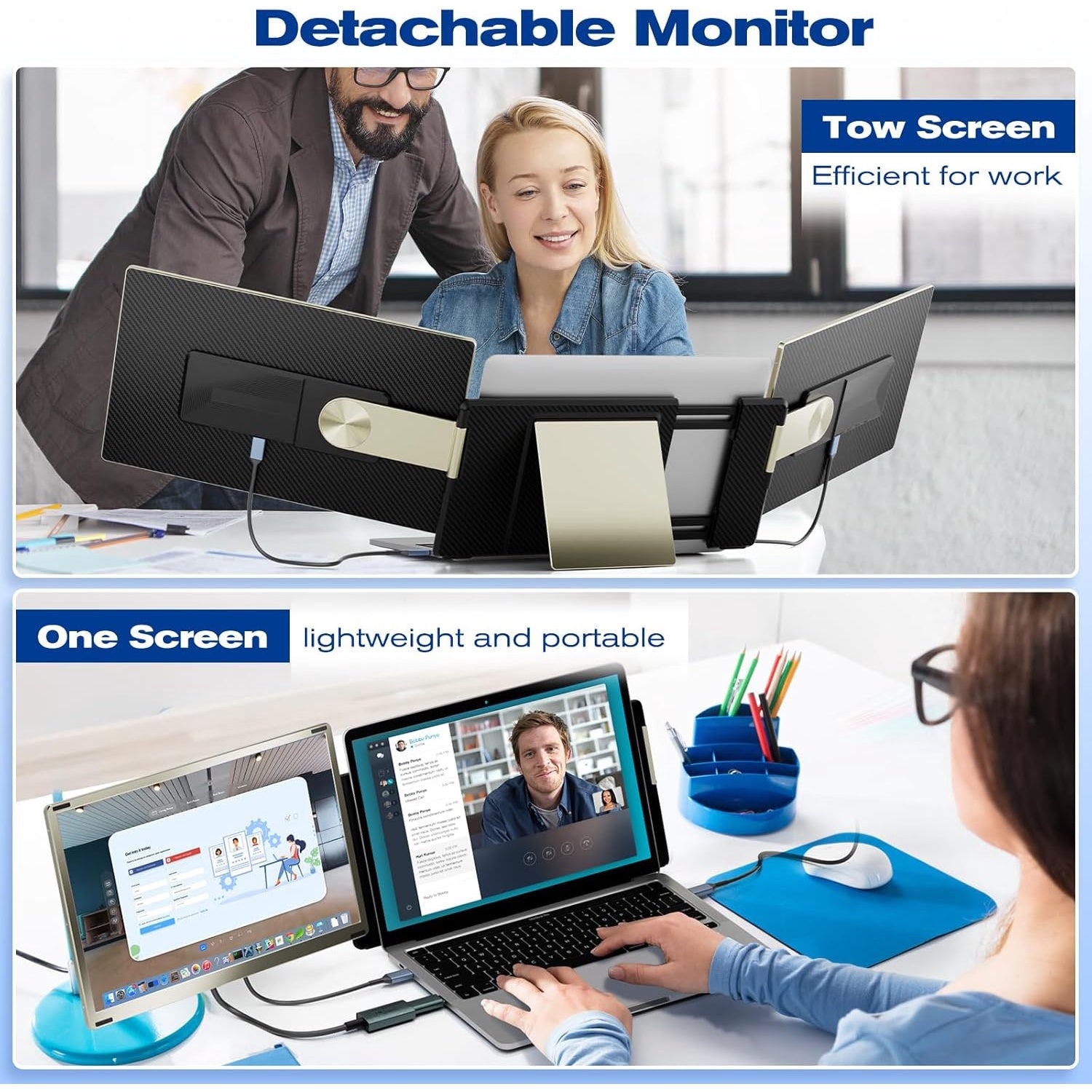 Monitor portabil pentru laptop cu doua ecrane detasabile 15.6 inch, Full HD 1080P, pliabile, contrast 1000:1, sRGB, 16.7 millioane culori, HDMI/USB-C, difuzor incorporat, pentru Mac, Windows, Chrome