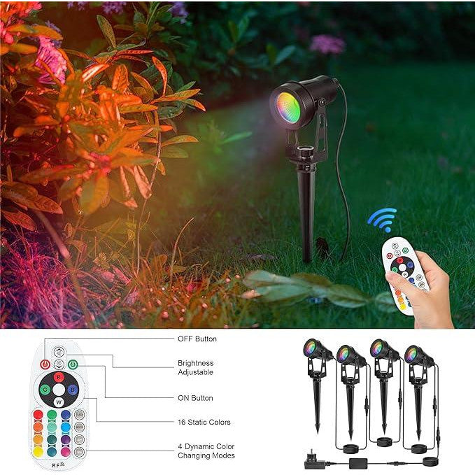 Set 6 lampi pentru gradina, RGB LED, 12 V, 18 W, 1200 lm, proiector cu telecomanda, impermeabil IP65, Iluminat exterior pentru gradina, curte, petrecere, copaci, cu tarus si cablu de 20 m