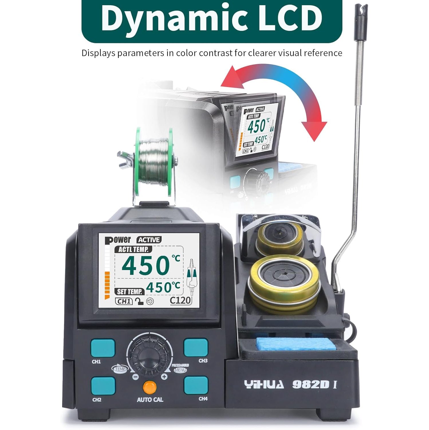 Statie de lipit cu letcon, ciocan de lipit tip cleste, cu display LCD color, temperatura reglabila 90-450°C, calibrare automata, cu 4 varfuri de lipit, pentru reparatii SMD, multifunctionala