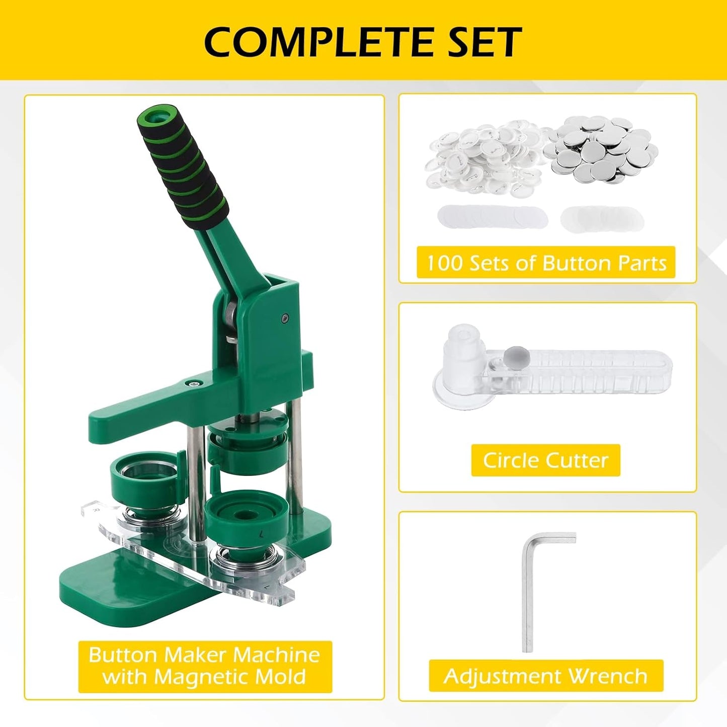 Set presa de facut insigne 25 mm, masina de fabricat butoane cu 100 accesorii si taietor rotund, matrita magnetica inlocuibila, maner ergonomic, din metal