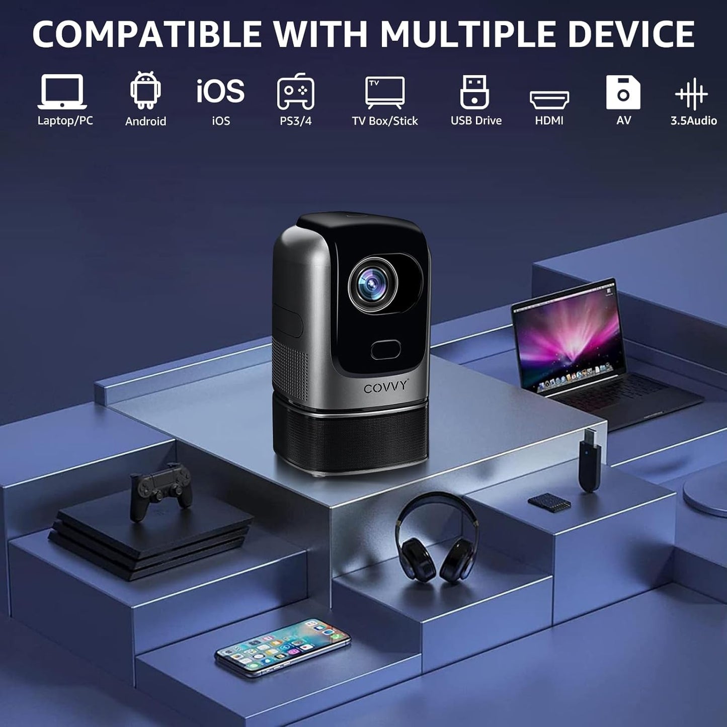 Videoproiector cu WiFi 6, Bluetooth, stand cu inaltime reglabila, Full HD 1080p, accepta 4K, 10000 lumeni, autofocus, corectie keystone, difuzor incorporat, pentru smartphone, tableta, consola, PC