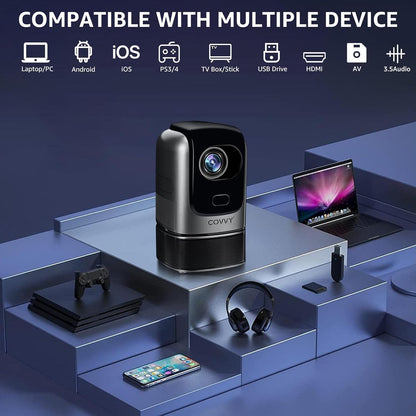Videoproiector cu WiFi 6, Bluetooth, stand cu inaltime reglabila, Full HD 1080p, accepta 4K, 10000 lumeni, autofocus, corectie keystone, difuzor incorporat, pentru smartphone, tableta, consola, PC
