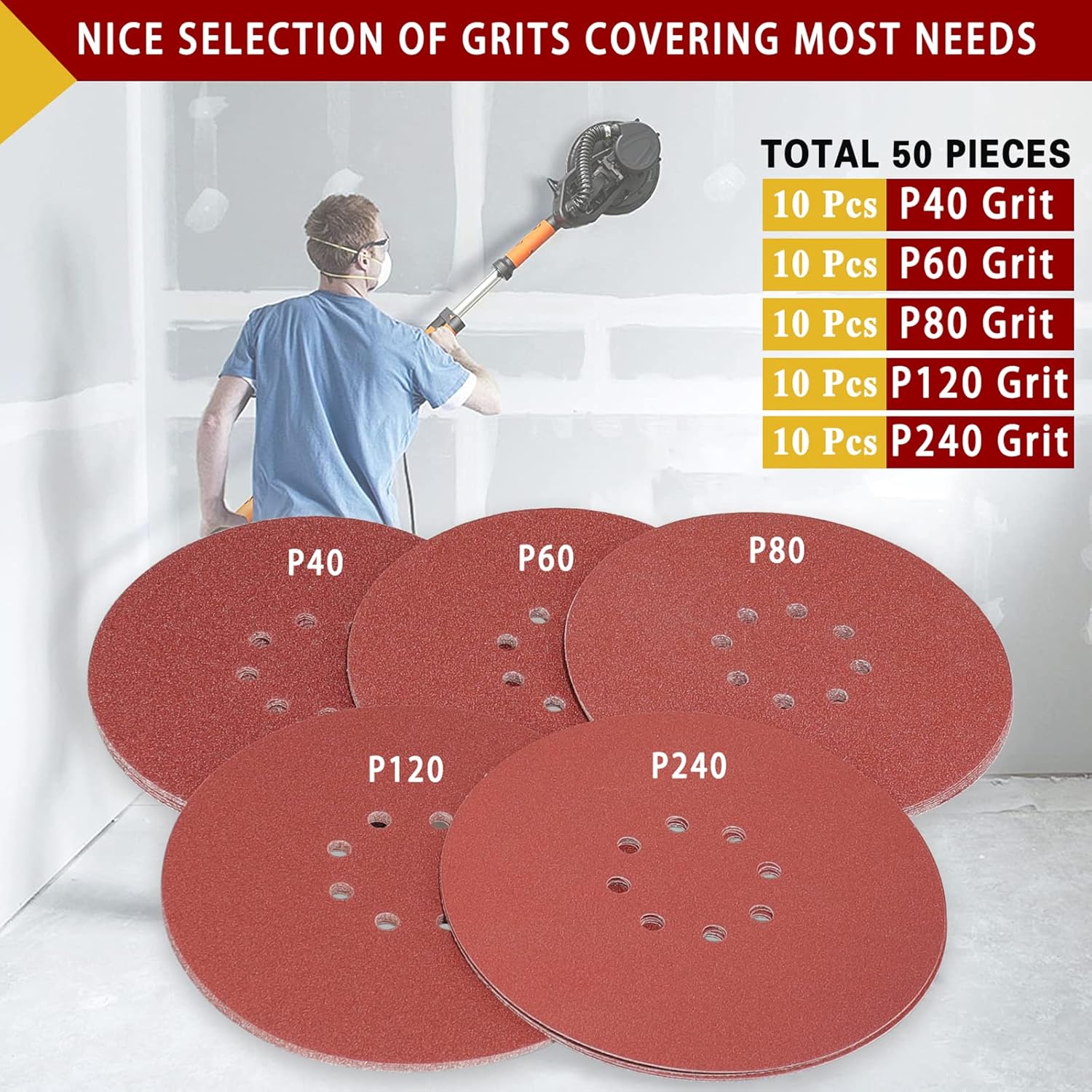 Set 50 disc abraziv 225 mm pentru slefuitor pereti cu 8 gauri, hartie abraziva cu granulatie P40/60/80/120/240, 10 buc fiecare, smirghel cu prindere prin Velcro