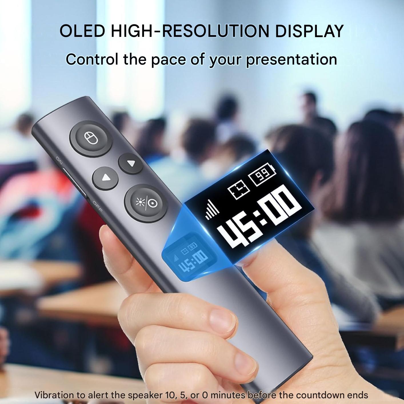 Laser profesional wireless pentru prezentari Norwii N95s BLE, telecomanda cu pointer digital si indicator laser integrat, evidentiere si amplificare pe ecrane LED/LCD si videoproiector, Air Mouse, Timer cu vibratii, Ecran OLED, Bluetooth + USB-A/USB-C