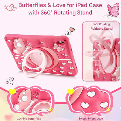 Husa de protectie iPad A16 11″ / A10 10,9″ – Fluture, roz, rezistenta la socuri, cu maner rotativ 360°, suport si curea de umar