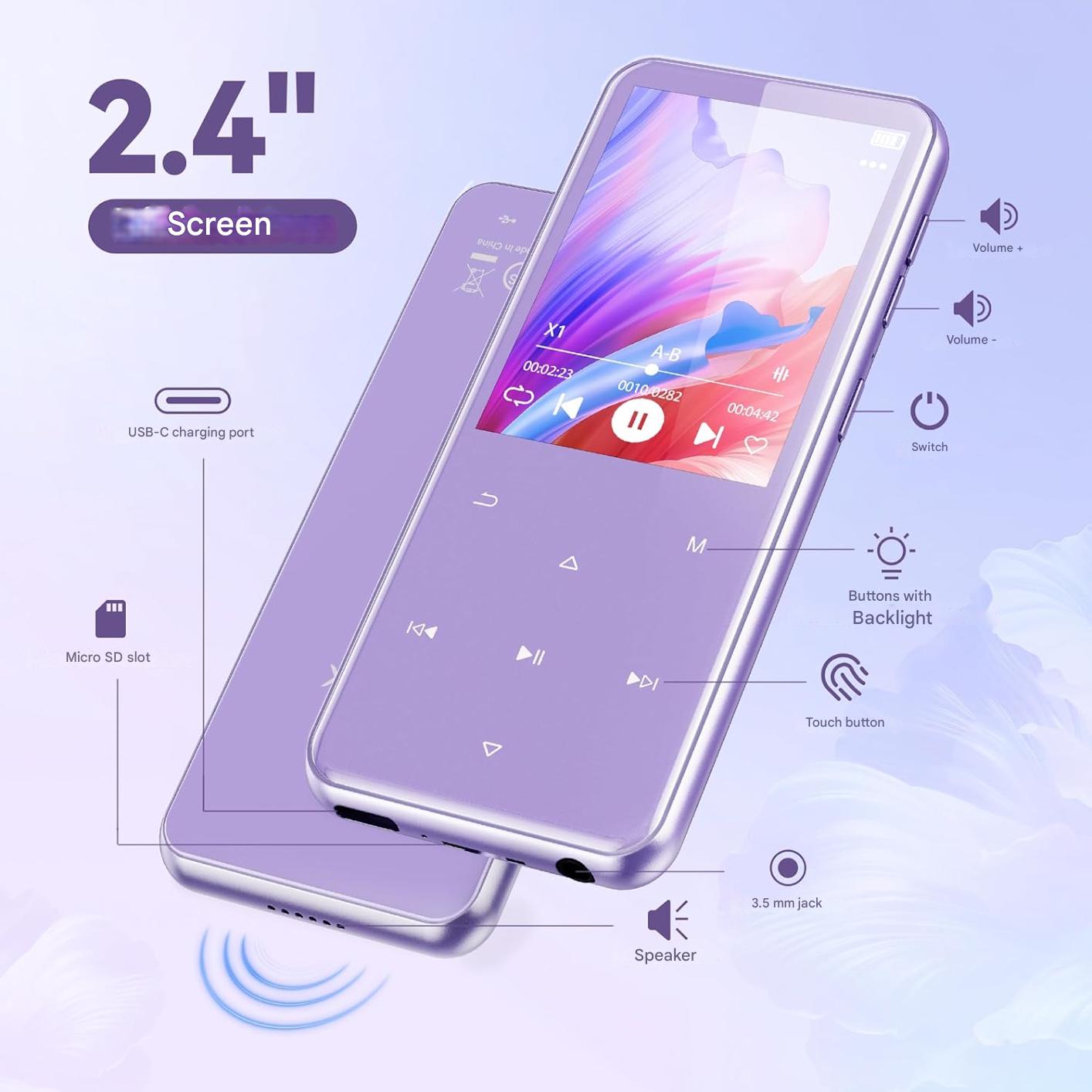MP3 Player AGPTEK 64GB cu Bluetooth 5.3, ecran TFT de 2.4 inch, HiFi Lossless, difuzor integrat, radio FM, inregistrare, suport Card TF 128GB, violet