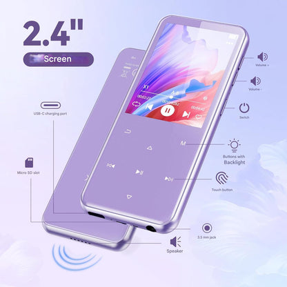 MP3 Player AGPTEK 64GB cu Bluetooth 5.3, ecran TFT de 2.4 inch, HiFi Lossless, difuzor integrat, radio FM, inregistrare, suport Card TF 128GB, violet