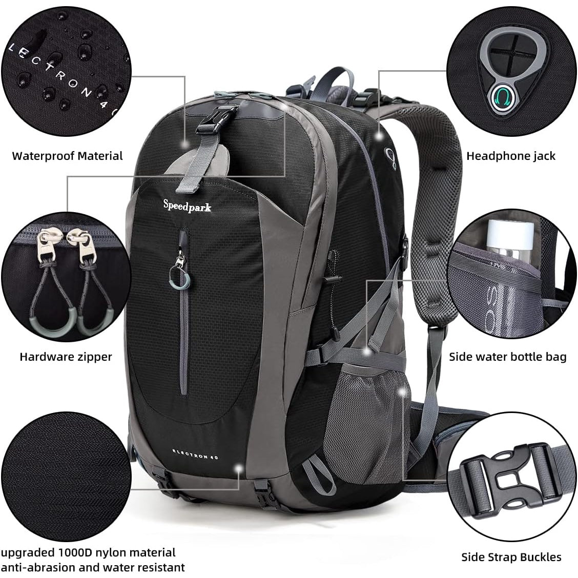 Rucsac de drumetie 40 l cu husa de ploaie, gheozdan impermeabil, buzunar frontal si laterale, material bretele respirabil, pentru drumetii, camping, trekking, negru