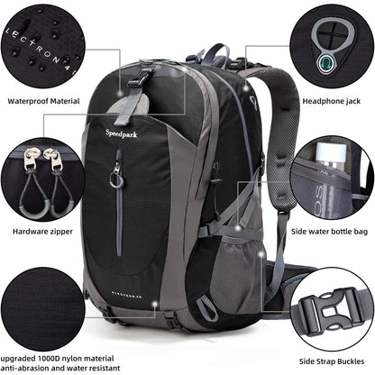 Rucsac de drumetie 40 l cu husa de ploaie, gheozdan impermeabil, buzunar frontal si laterale, material bretele respirabil, pentru drumetii, camping, trekking, negru