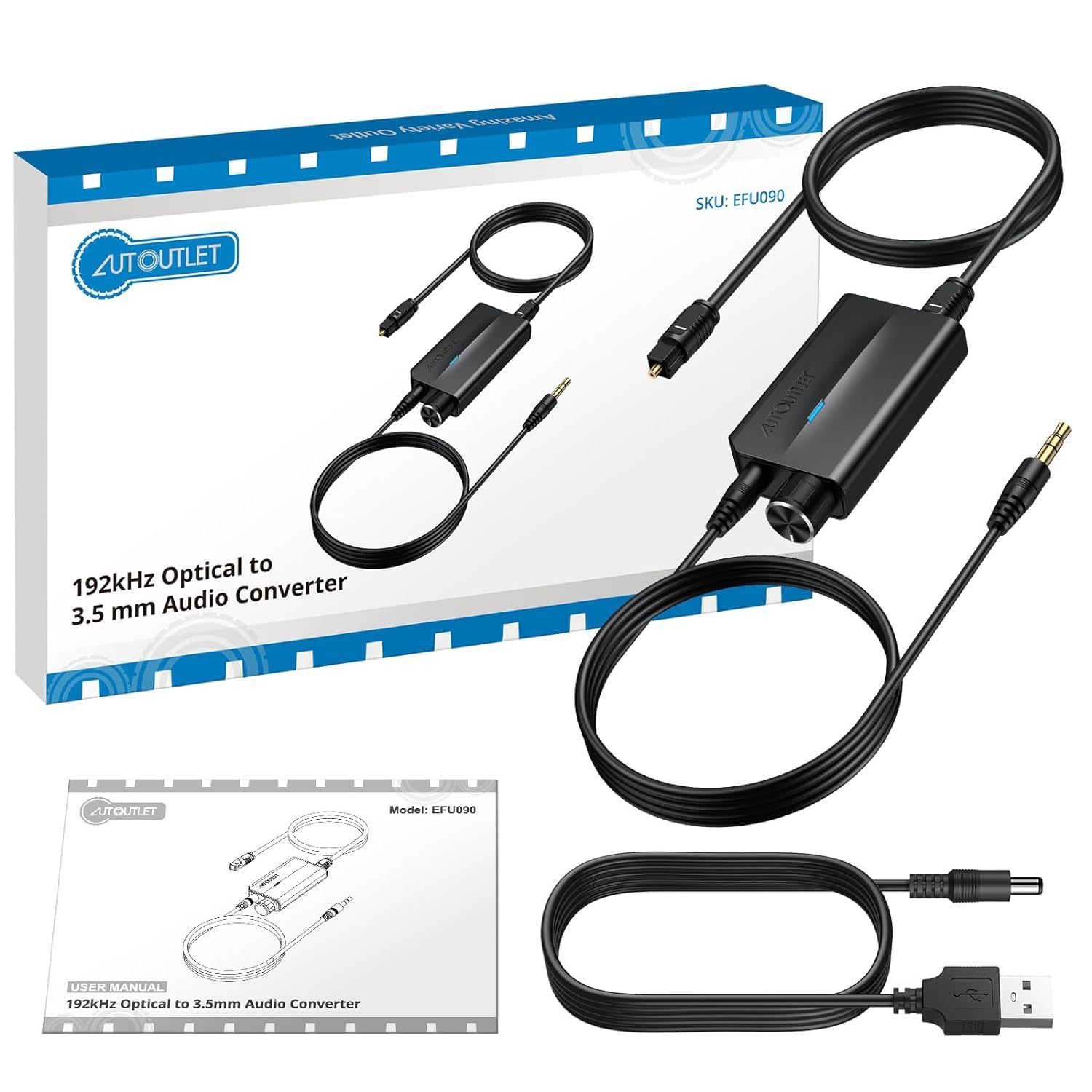 Convertor DAC audio digital la analog, 192kHz, cu cablu de 1 m si control volum, SPDIF Toslink la 3, 5 mm, plug and play, multifunctional