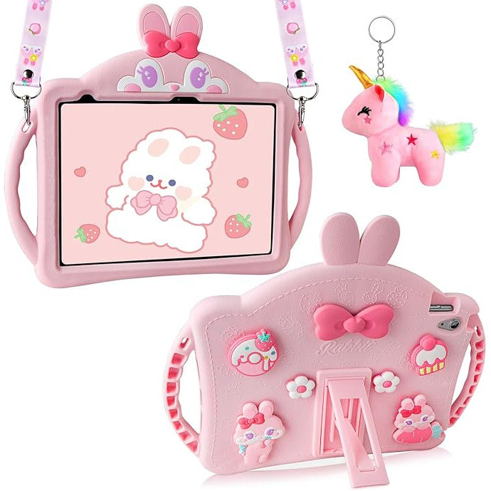 Husa de protectie pentru iPad 11/10, 9 inch, generatia 11/10, 2025/2022, cu manere, curea de umar reglabila, stand pliabil, din silicon, cu breloc unicorrn, model iepure, roz