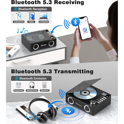 CD Player portabil cu Bluetooth 5.3, acumulator 4000 mAh, telecomanda, sunet HiFi, display LED, difuzor incorporat, cu Radio, USB, TF, AUX si port iesire optica, negru