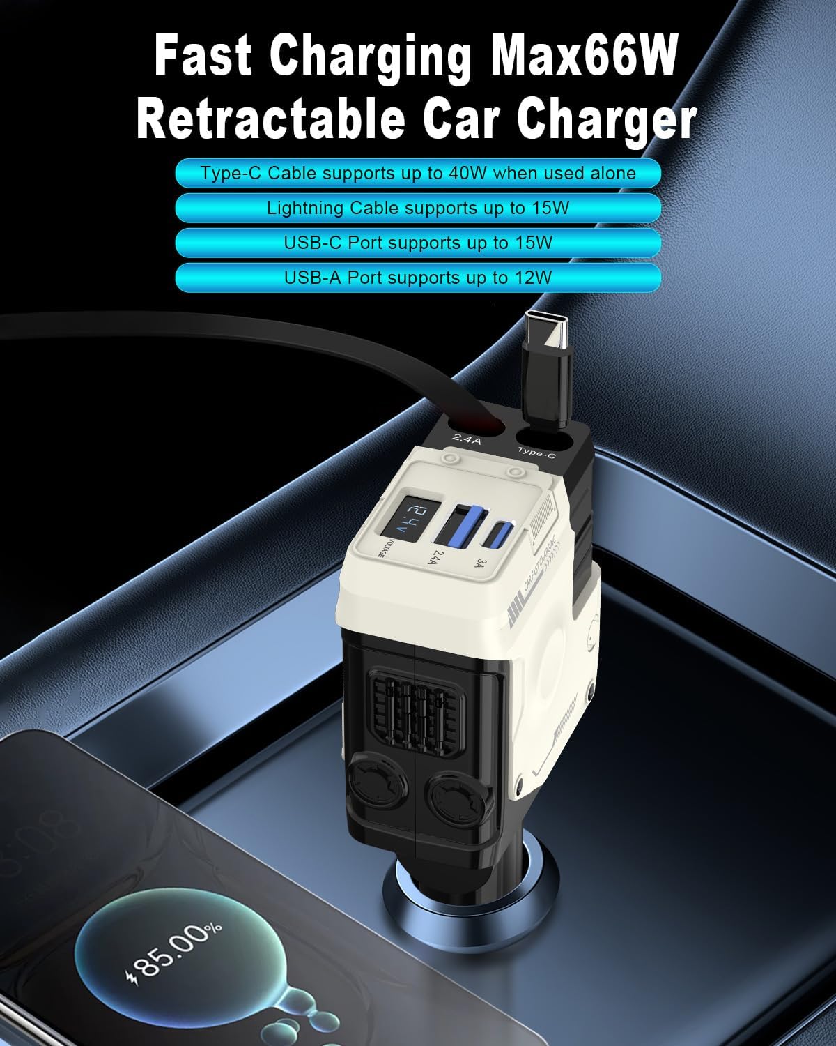 Incarcator auto 4 in 1 cu 2 cabluri retractabile 80 cm USB-C si iOS, port USB-C si USB-A, rotatie 180°, display LED, compatibil Apple si Android