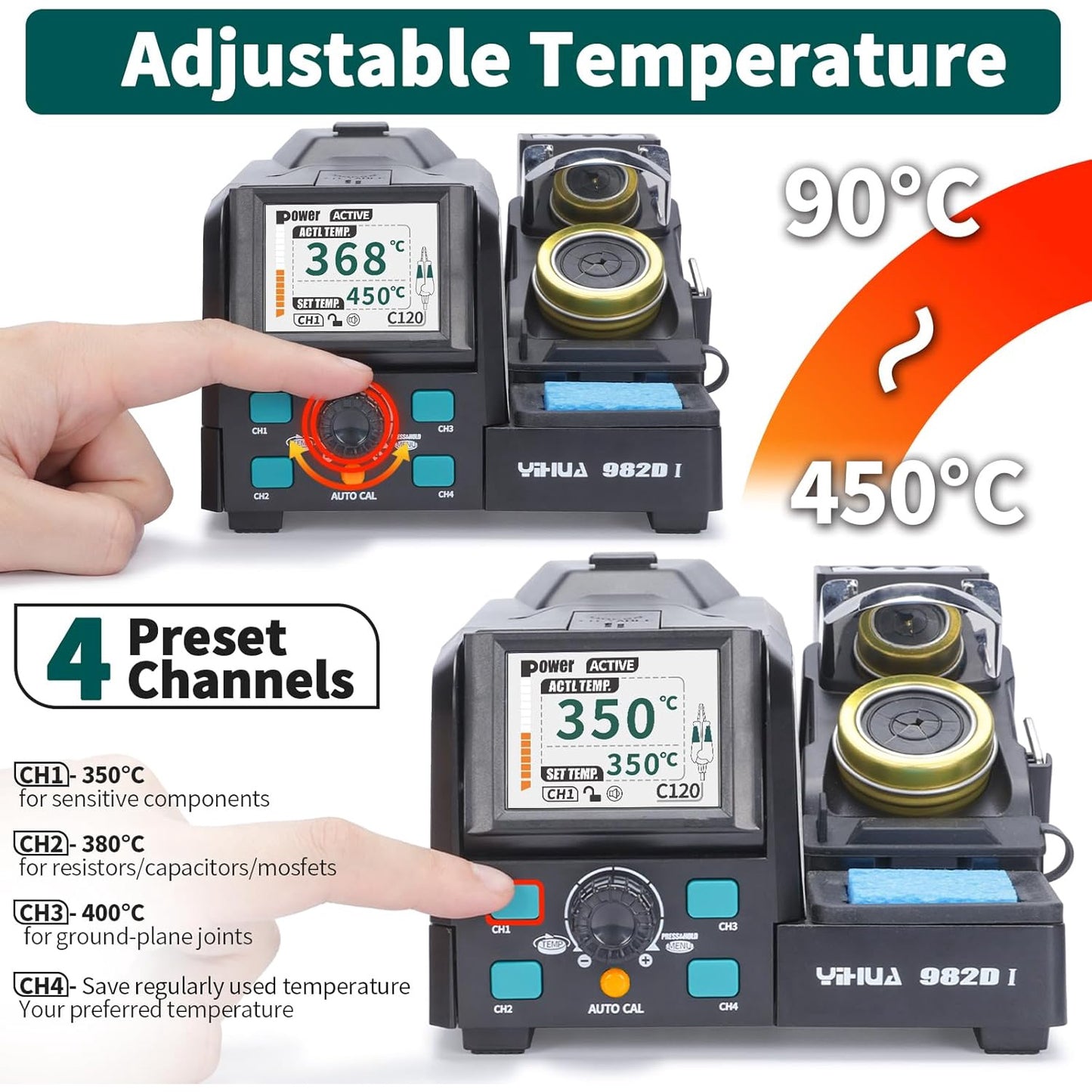 Statie de lipit cu letcon, ciocan de lipit tip cleste, cu display LCD color, temperatura reglabila 90-450°C, calibrare automata, cu 4 varfuri de lipit, pentru reparatii SMD, multifunctionala