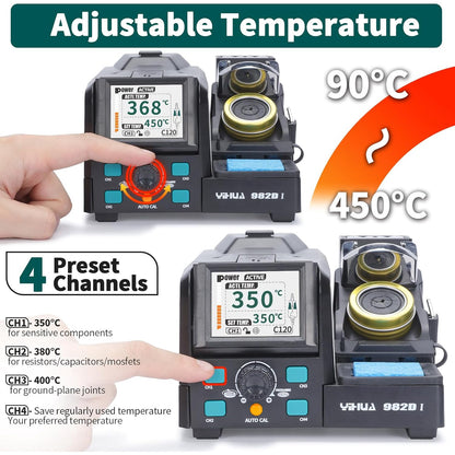 Statie de lipit cu letcon, ciocan de lipit tip cleste, cu display LCD color, temperatura reglabila 90-450°C, calibrare automata, cu 4 varfuri de lipit, pentru reparatii SMD, multifunctionala