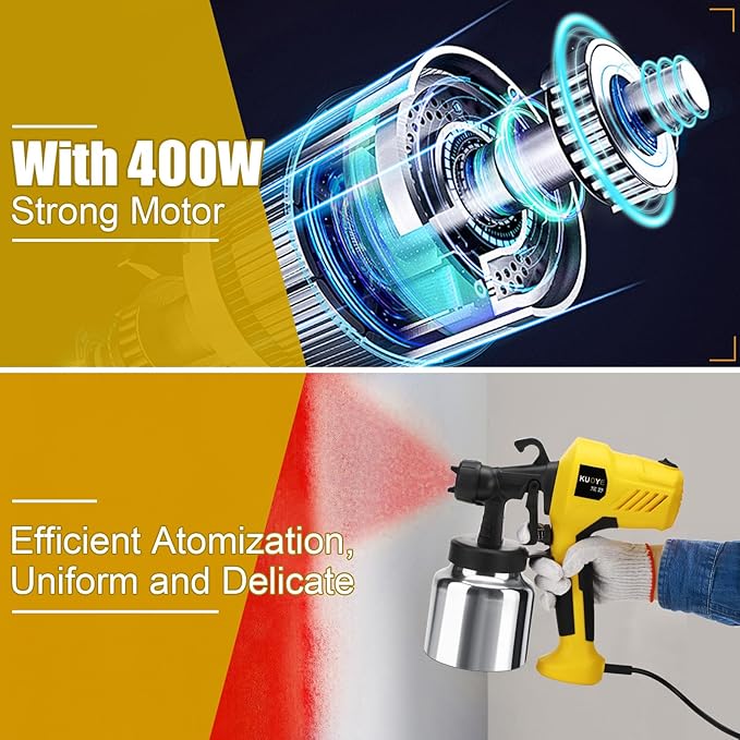 Pistol de vopsit electric 400 W, cu 4 duze de cupru 0,8/ 1,0/ 1,5/ 2,5 mm, recipient 800 ml din aluminiu, detasabil, perie si ac de curatare, pulverizator de vopsea cu supapa reglabila, model pulverizare rotund, orizontal sau vertical