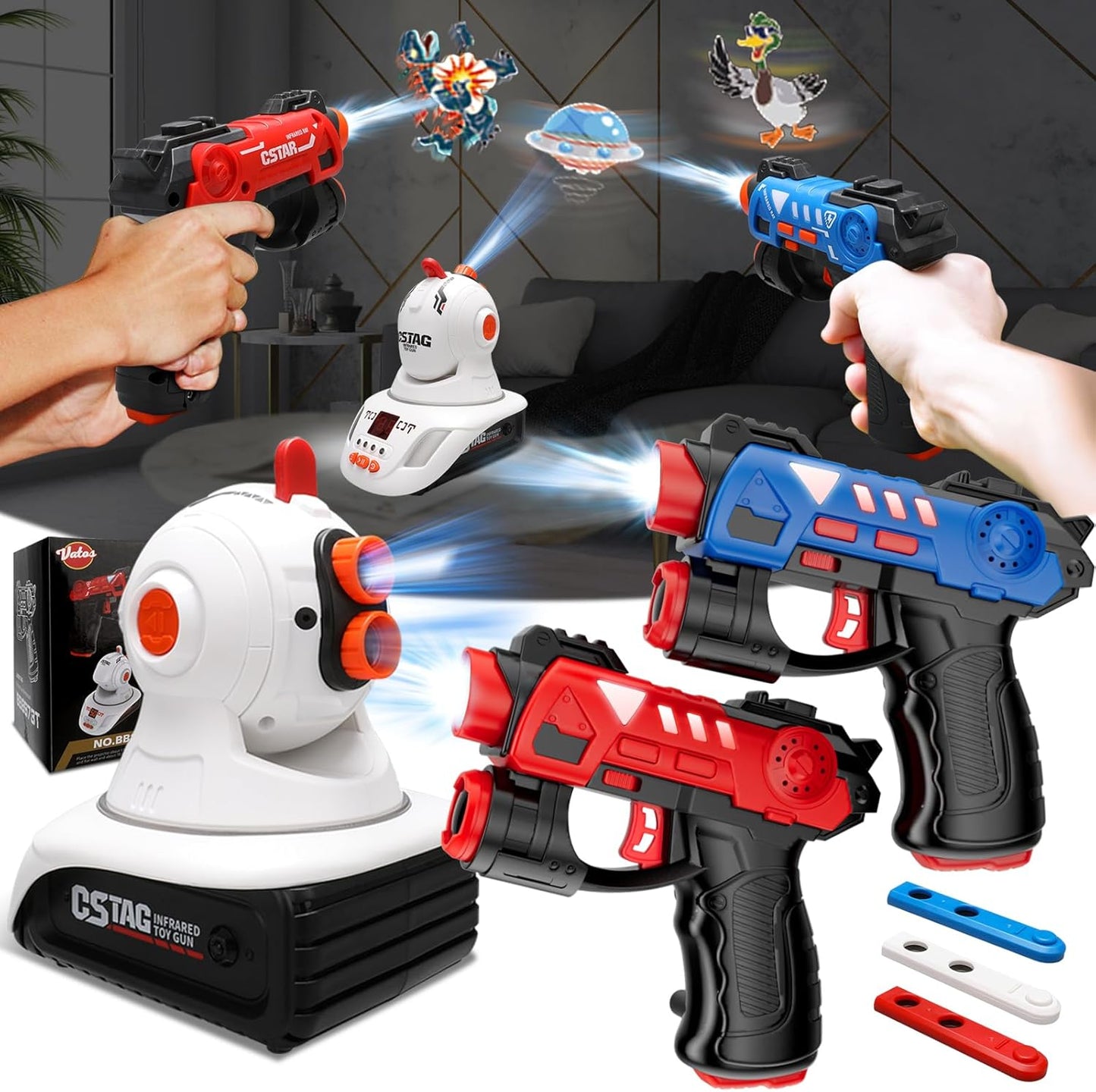 Set pistol de jucarie cu laser si proiector tinte, doua moduri joaca, cu efecte de lumini si sunete, pentru interior si exterior, multifunctional