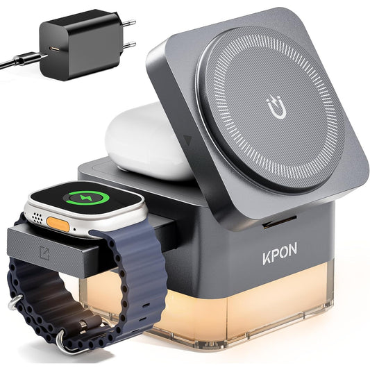 Incarcator wireless 3 in 1, statie de incarcare MagSafe compatibil iPhone17 16 15 14 13 12, iWatch si Airpods, cu lumina de noapte, design pliabil, multifunctional