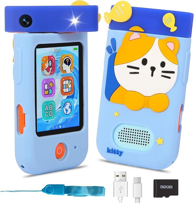 Camera digitala pentru copii 48MP, cu lentila rotativa la 180°, card de 32 GB, ecran LCD 2.8 inch, player MP3, echipata cu functii educationale in limba Engleza, jucarie tip telefon mobil pentru copii de la 3 la 8 ani