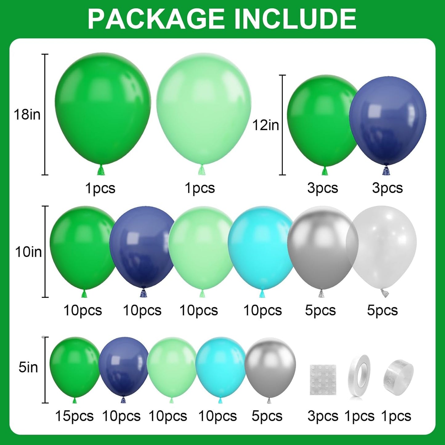 Set arcada baloane, decoratiuni petrecere verde, albastru, argintiu, de diferite dimensiuni, 108 bucati, cu banda baloane si buline adezive