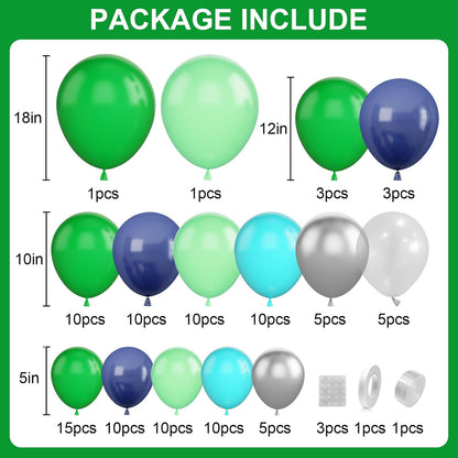 Set arcada baloane, decoratiuni petrecere verde, albastru, argintiu, de diferite dimensiuni, 108 bucati, cu banda baloane si buline adezive