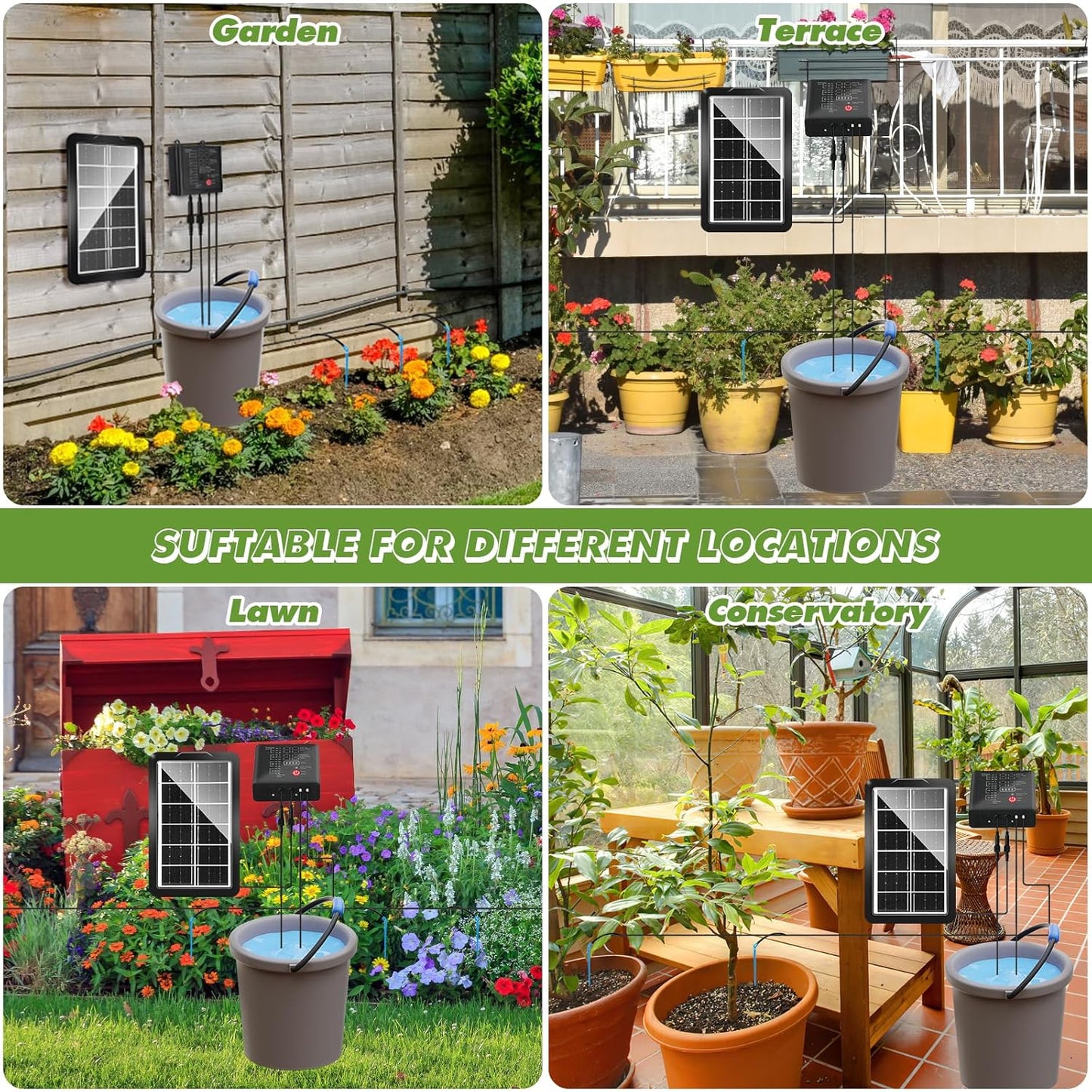 Kit sistem de irigare prin picurare solar automat, cu panou solar, 15 picuratoare, 15 m de furtun, senzor nivel apa, 12 moduri irigare, incarcare duala USB-C/solar, indicator nivel baterie, impermeabil IP65